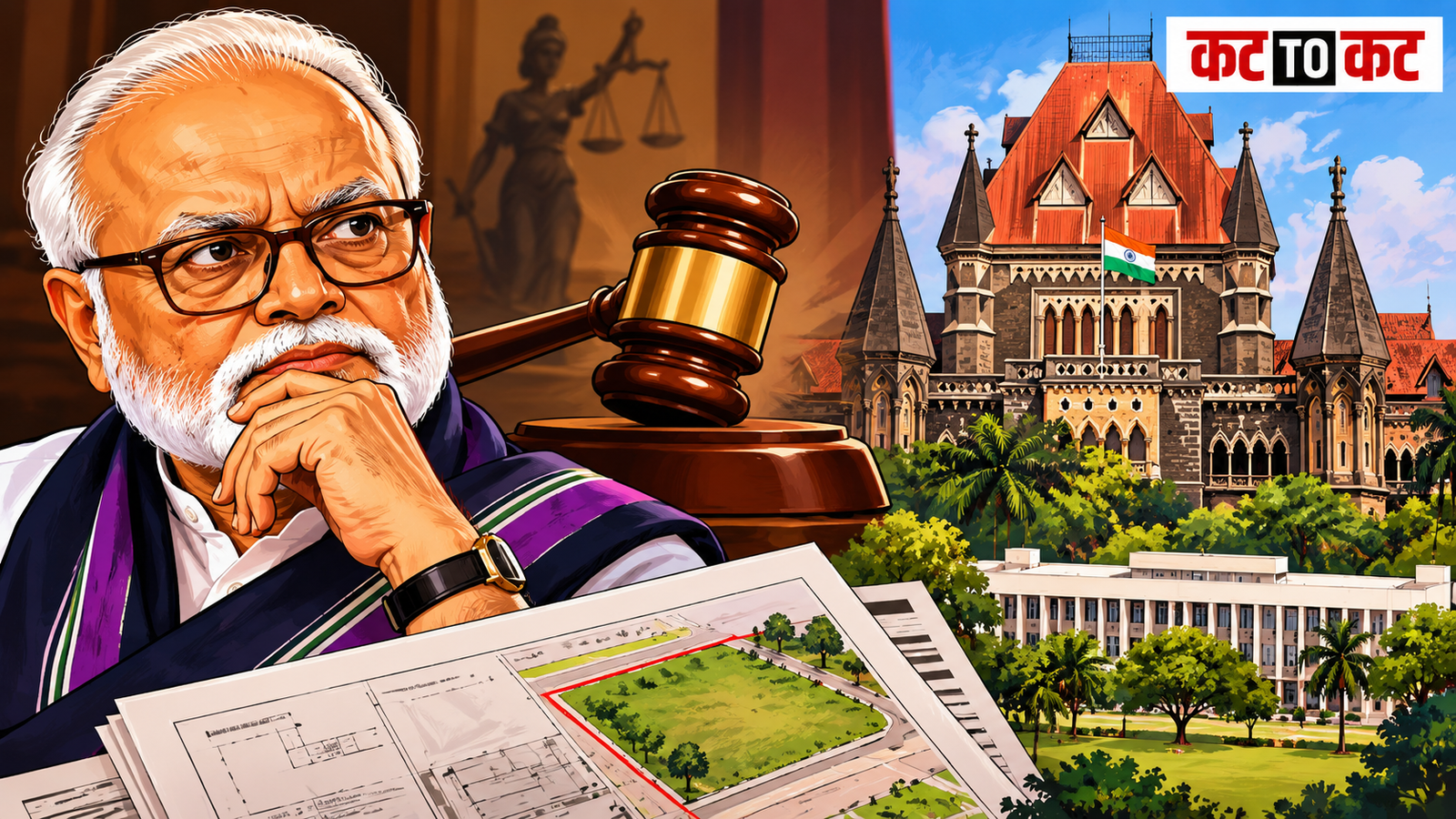 Chhagan Bhujbal and Kalina library land case represented in a Mumbai court news graphic