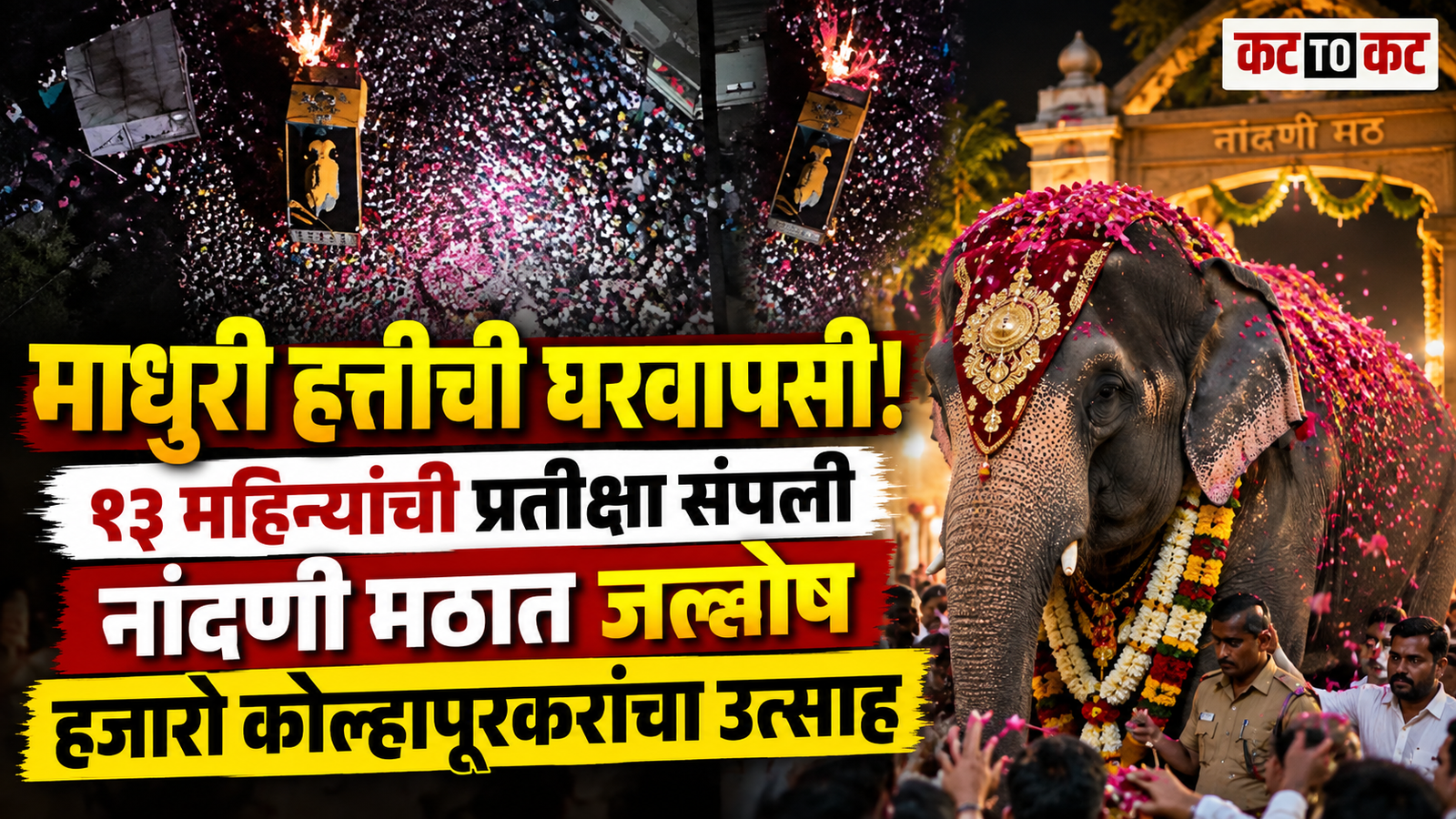 Madhuri elephant returns to Nandani Math in Kolhapur after 13 months, welcomed by thousands of devotees and villagers with traditional celebrations.