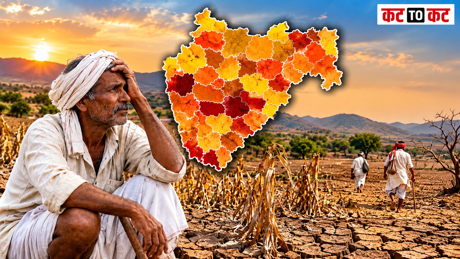 Drought-affected farmland and farmers in Maharashtra amid crop losses