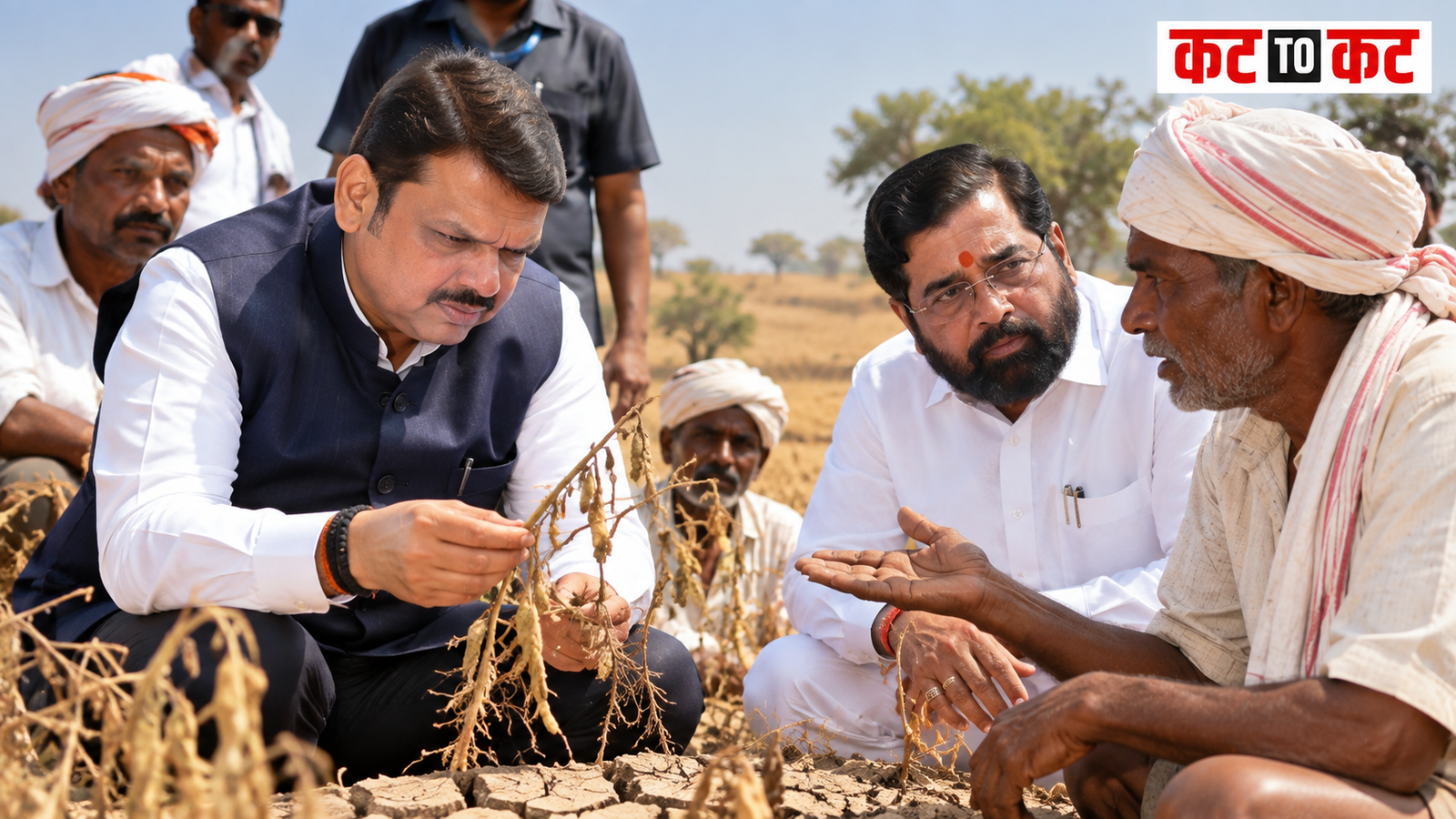 Devendra Fadnavis and Eknath Shinde visiting drought-affected farmers in Maharashtra