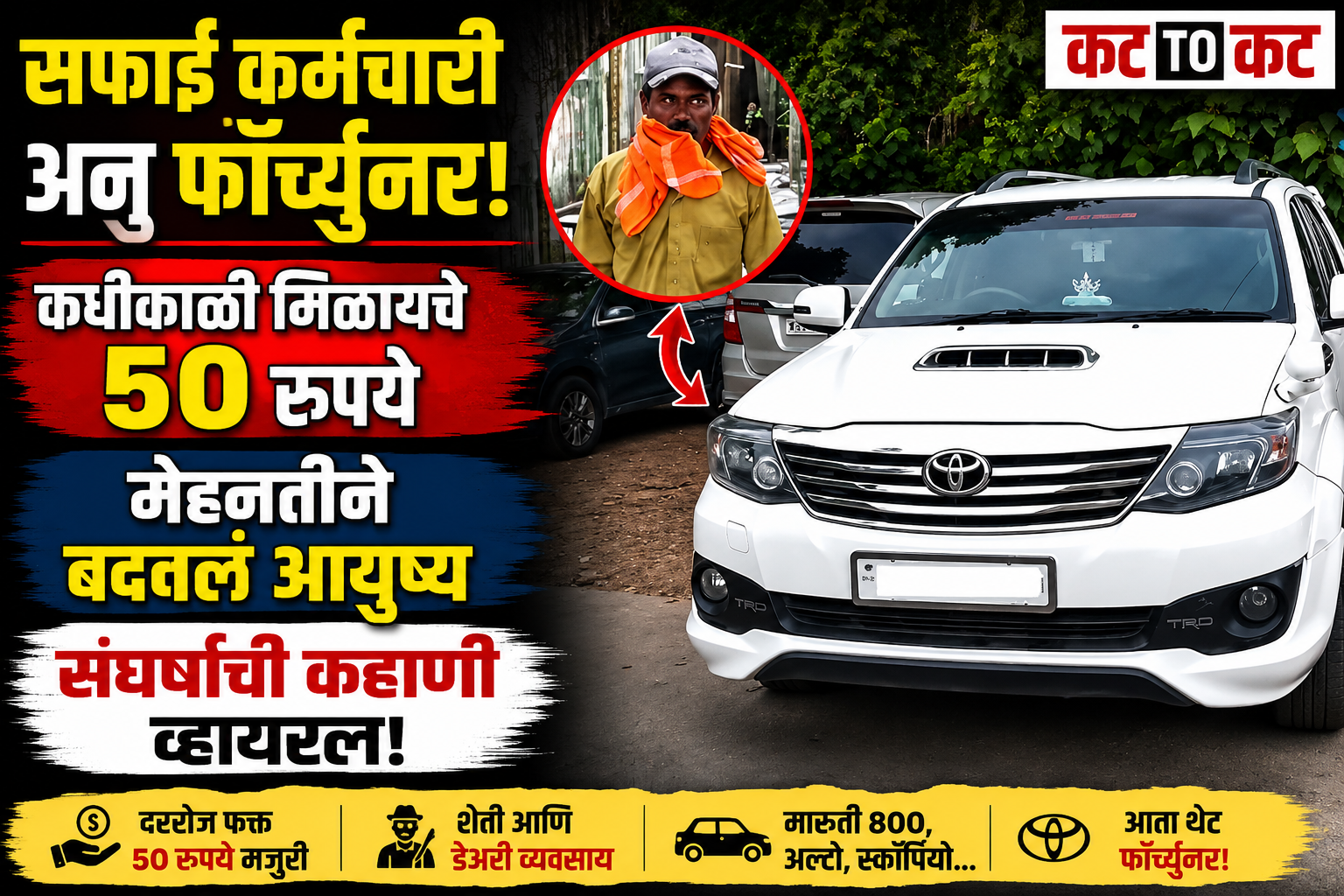 Buntwal municipal sanitation worker Sesappa arrives at work in a Toyota Fortuner after overcoming years of financial hardship through hard work, farming and dairy business