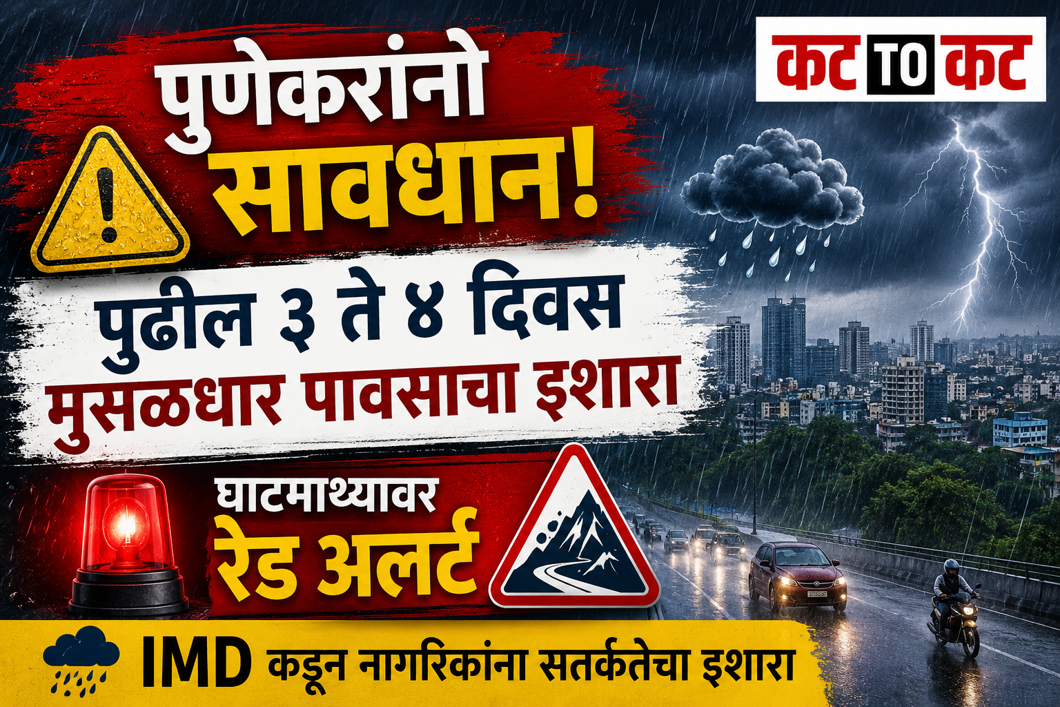 Rain clouds over Pune city as IMD issues heavy rainfall warning and Red Alert for ghat regions.