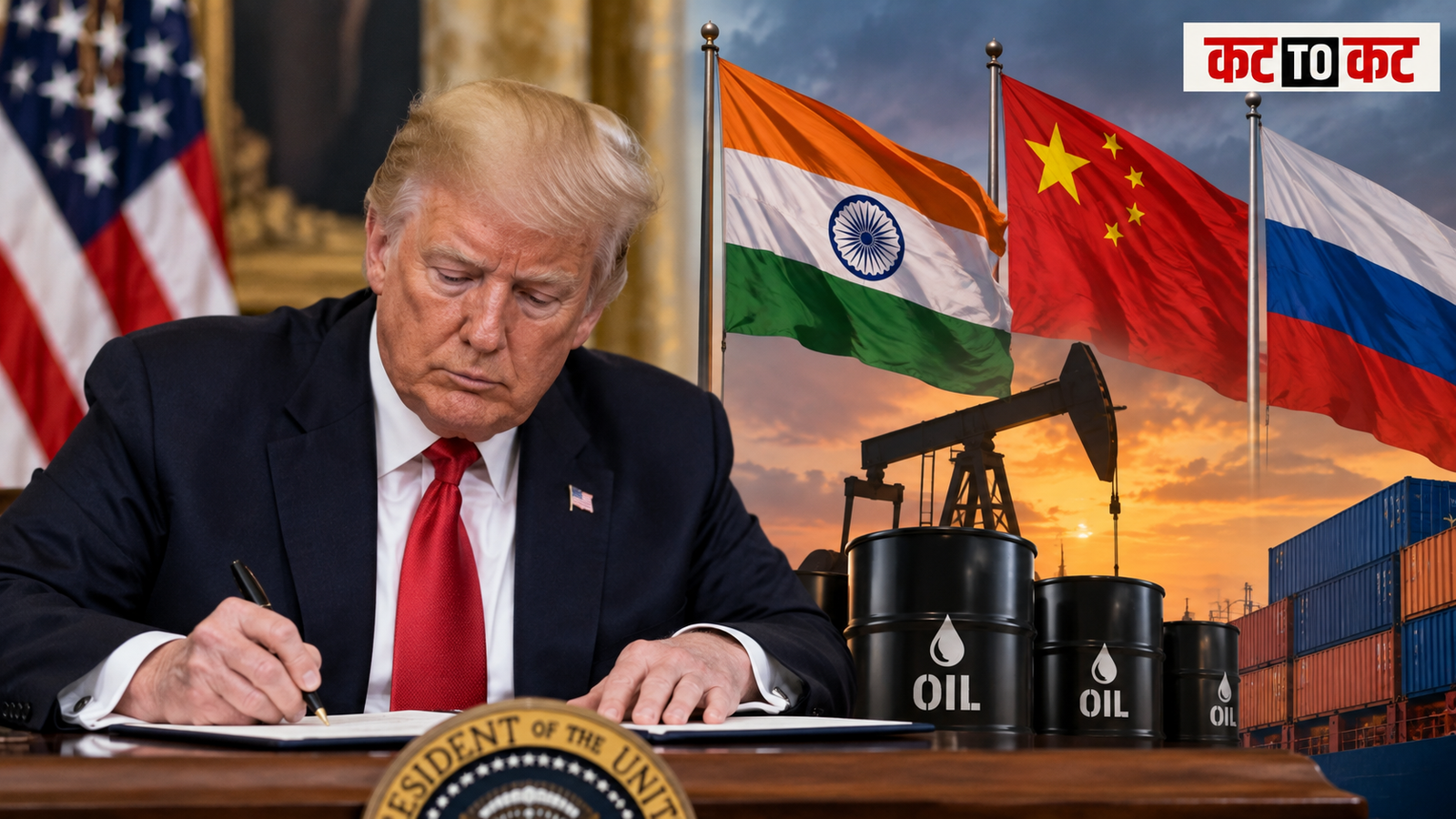 Donald Trump signing the Russia sanctions law that could allow 100 percent tariffs on India and China