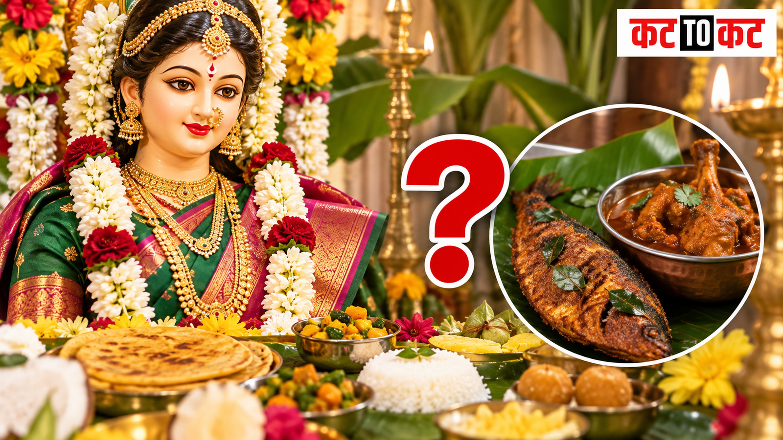 Gauri idol decorated with flowers and traditional festive offerings during Ganeshotsav