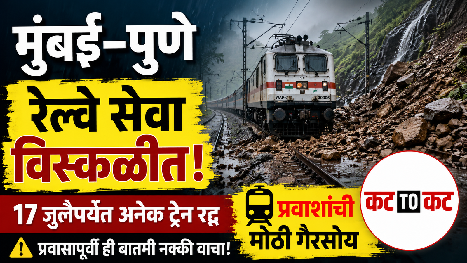 मुसळधार पावसामुळे मुंबई–पुणे रेल्वे वाहतूक विस्कळीत; 10 ते 17 जुलैपर्यंत अनेक एक्सप्रेस गाड्या रद्द